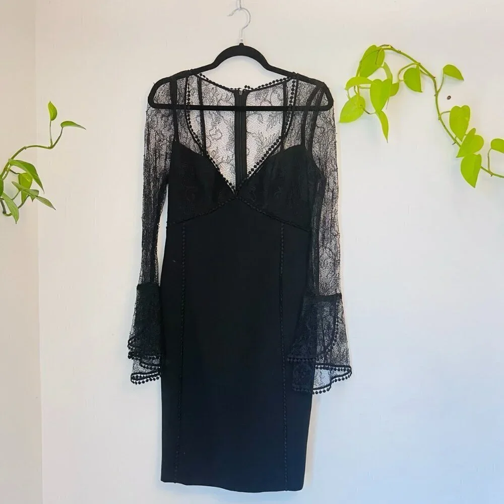 Nicholas Sheer Lace Bell Sleeve Cocktail Sheath Dress - Black - Size 6 - Picture 1 of 17
